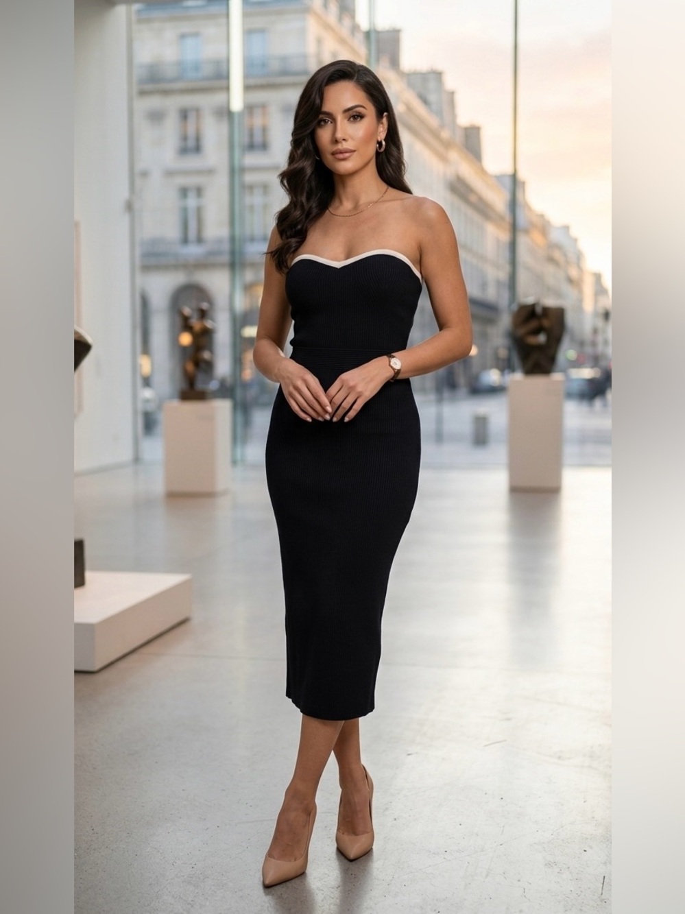 Camila Coelho Black Strapless Midi Dress with white Trim‎ size L